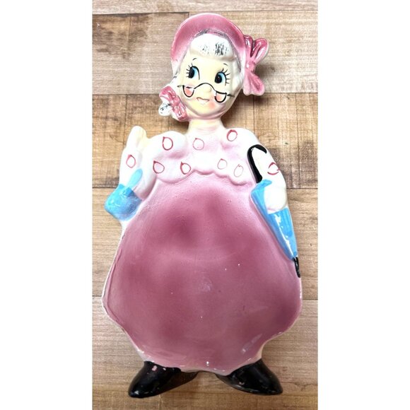 ENESCO Ceramic BUSY BIDDY Old Woman Lady Umbrella Purple Lavender 8" Spoon Rest - Picture 1 of 3